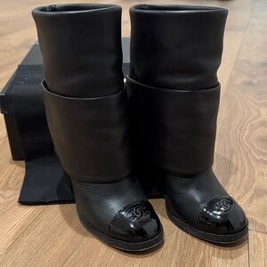 CHANEL Black Leather Ankle Boots with Glossy Toe